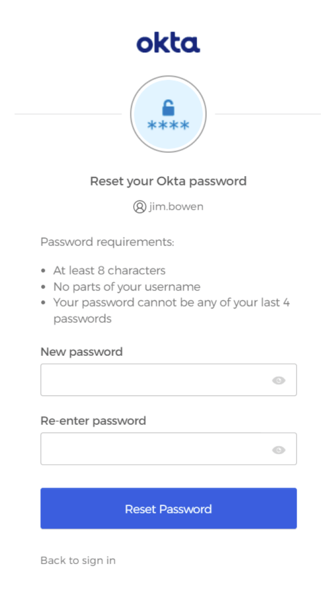 Screenshot of password reset page